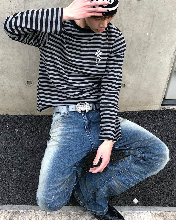 Subculture Cross Embroidered Striped Long Sleeve