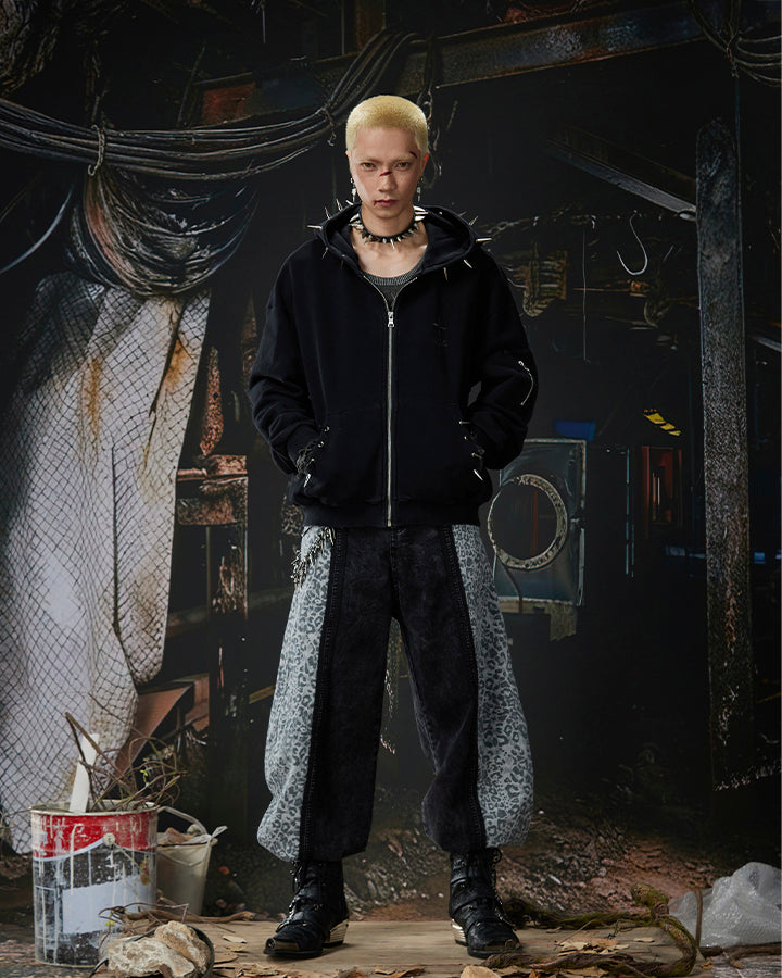 Spike Decor Zip-Up Hooded Sweatshirt
