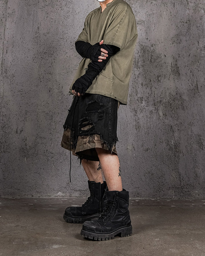 Distressed Bleached Patchwork Denim Shorts