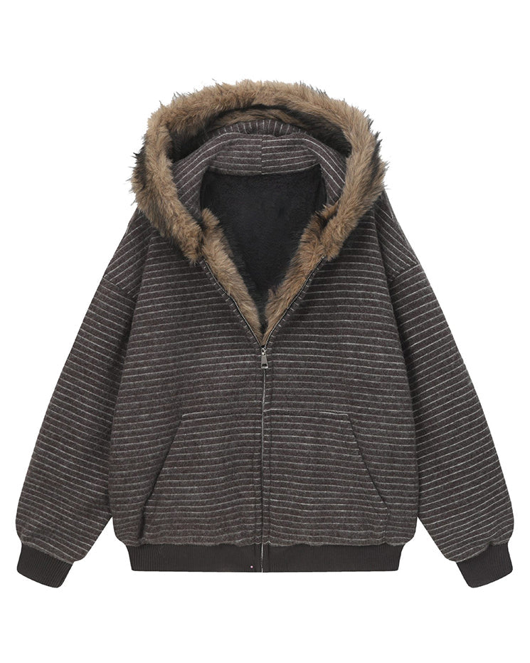 High-Street Striped Loose Hooded Sweatshirt