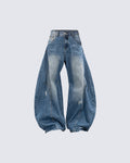 Pleated Blade-Cut Washed Jeans