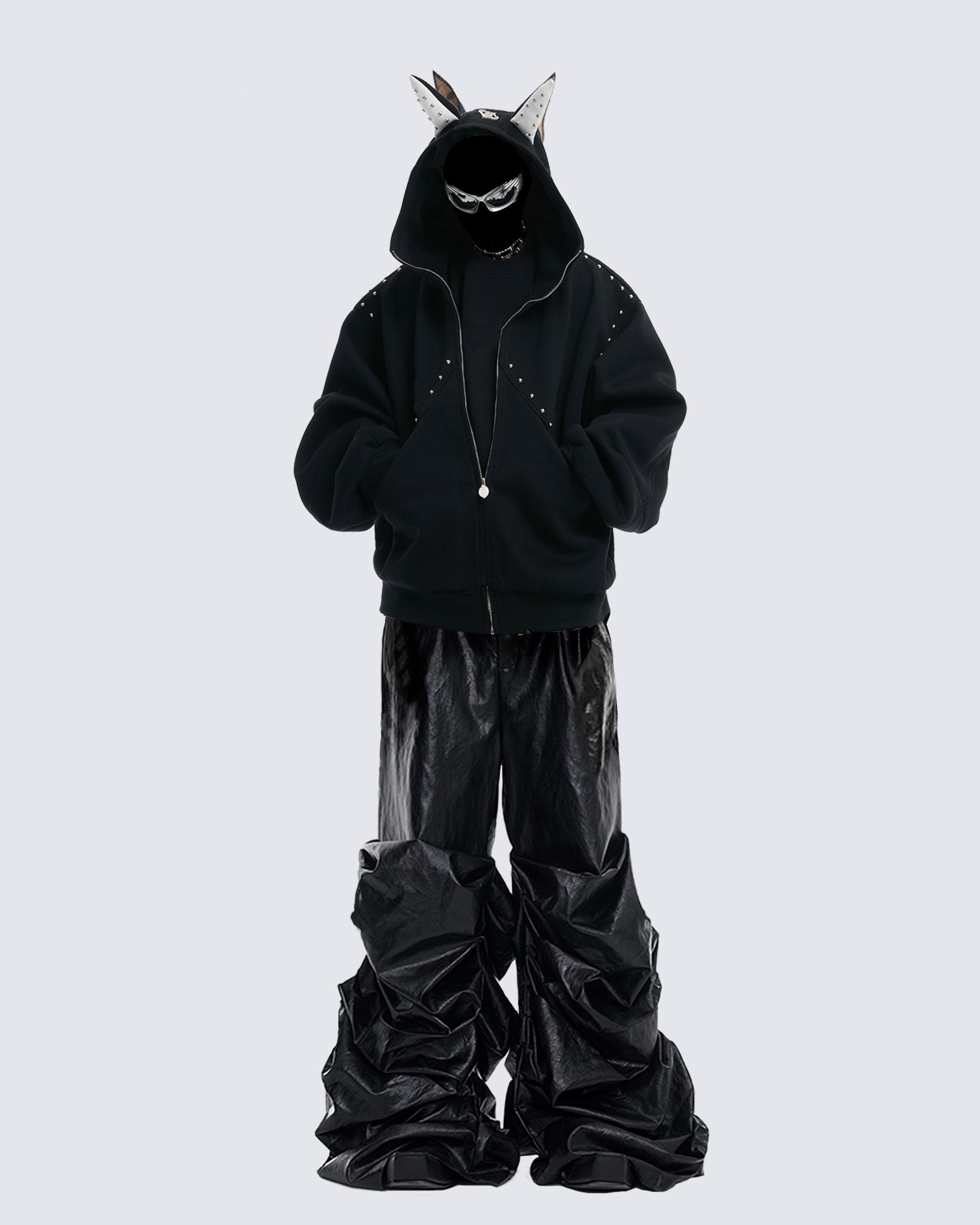 Horned Studded Zip-Up Hoodie with Ear Detail
