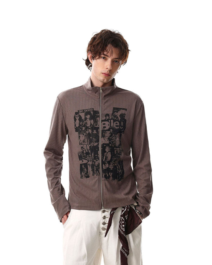 Ribbed Graphic Zip-Up Long Sleeve