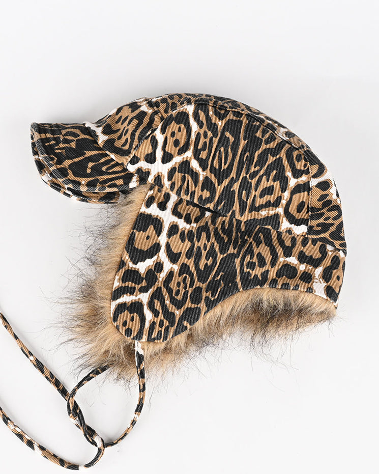 American Leopard Print Plush Trapper Cap