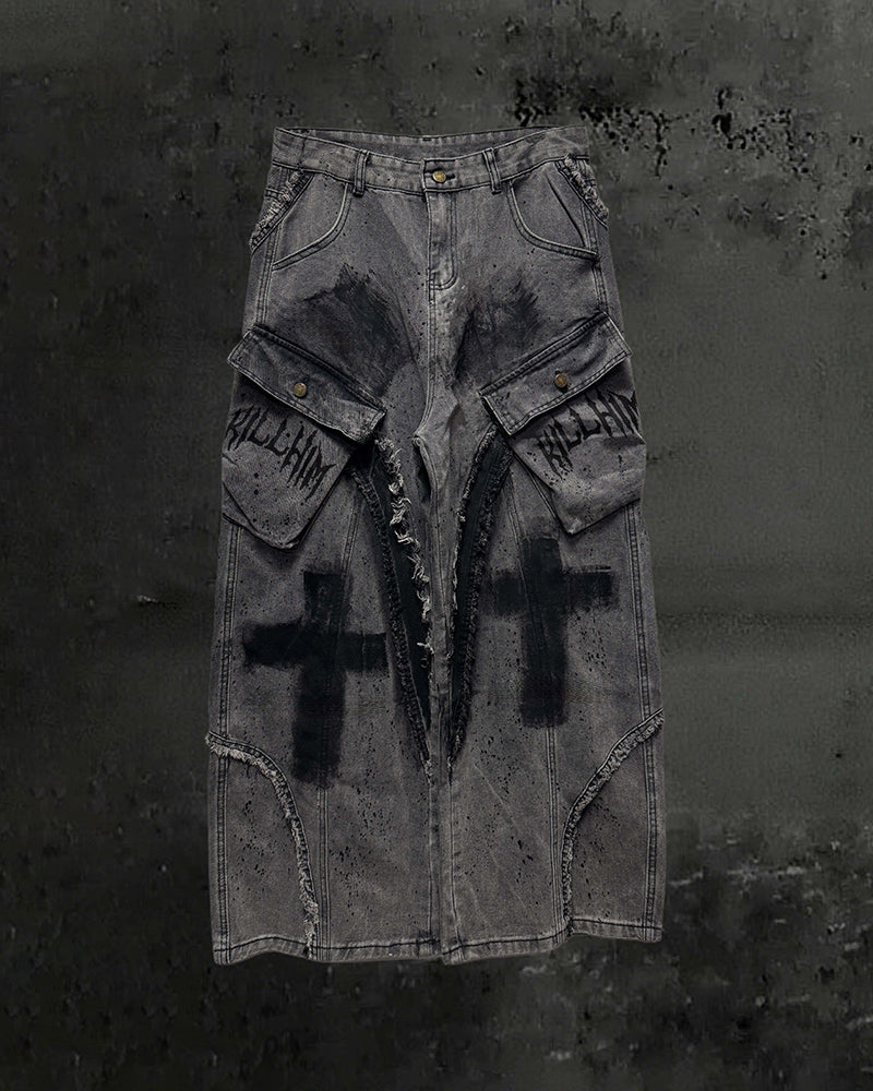 （Clearance）Paint-Splattered Distressed Wide-Leg Jeans