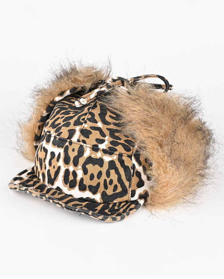 American Leopard Print Plush Trapper Cap