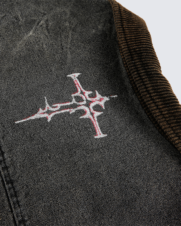 Washed Denim Graffiti Jacket with Contrast Collar