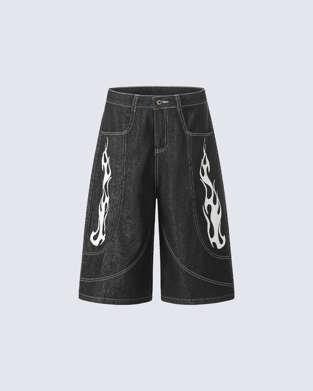 Flame Panel Seven-Length Denim Shorts