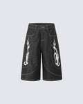 Flame Panel Seven-Length Denim Shorts