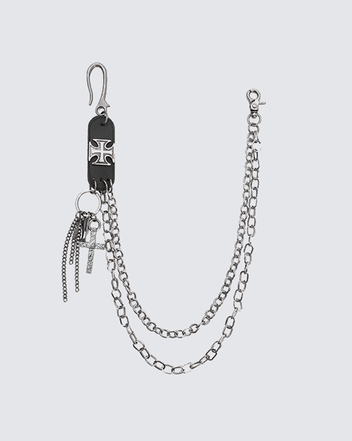Cross Chain Pant Chain with Keychains - Silver Tone