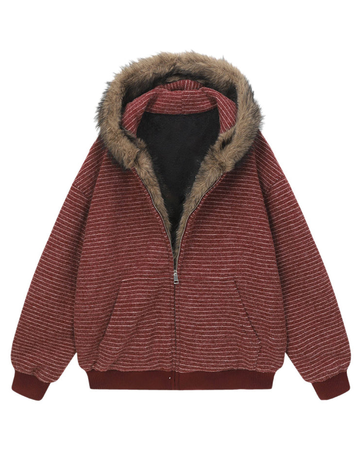 High-Street Striped Loose Hooded Sweatshirt