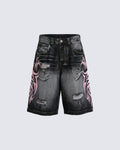 Distressed New Tribal Print Denim Shorts