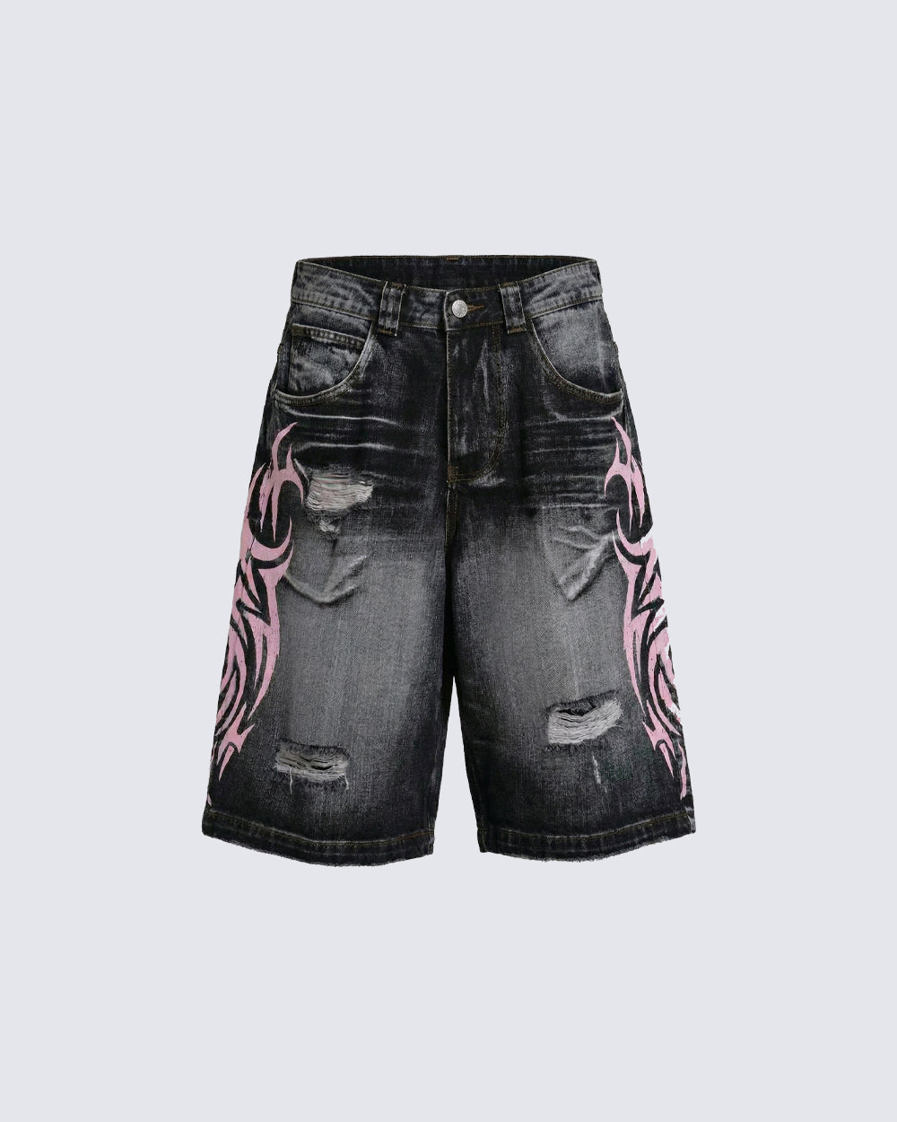 Distressed New Tribal Print Denim Shorts