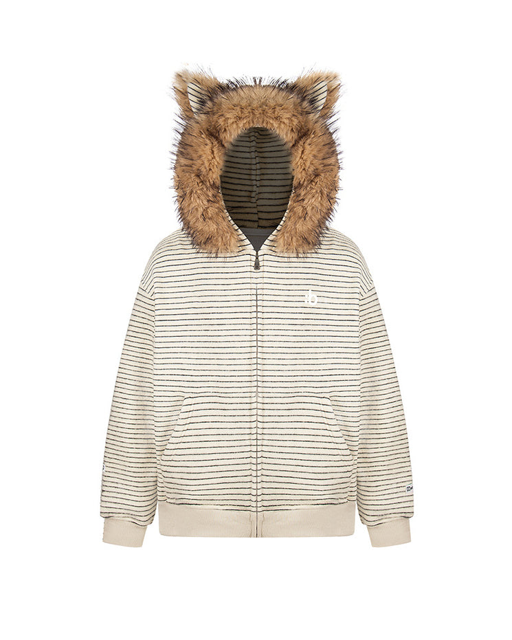 Autumn/Winter Striped Furry-Ear Hoodie