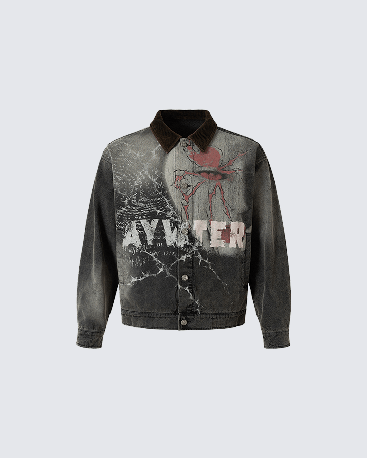 Washed Denim Graffiti Jacket with Contrast Collar