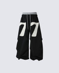 Double Waistband Number Patch Wide Leg Sweatpants