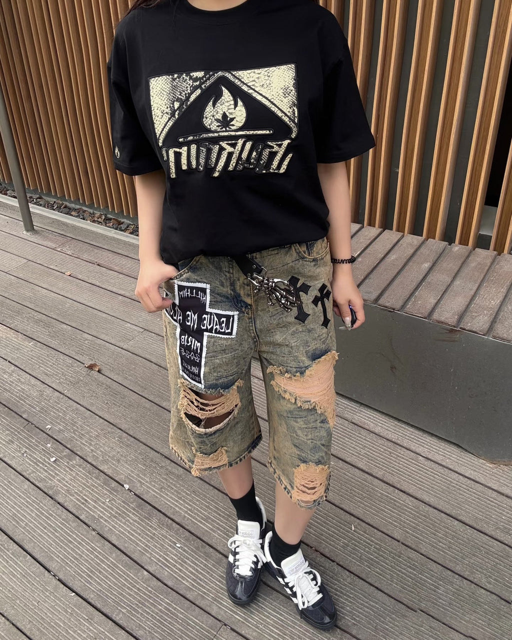Distressed Gothic Patchwork Denim Shorts with Chains